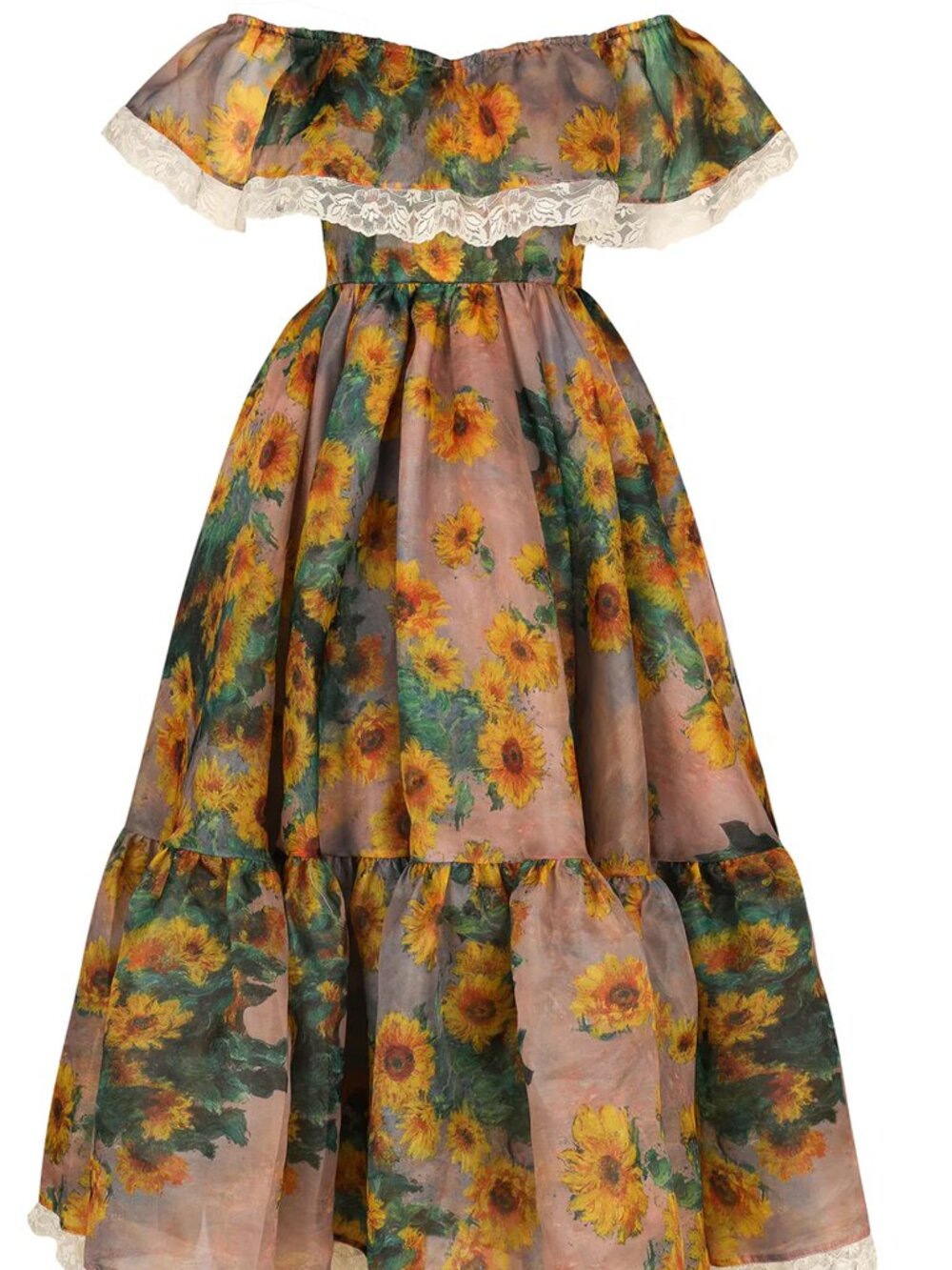 Selkie Sunflower Off-Shoulder Dress Size L NWT Cottagecore Floral Midi Dress